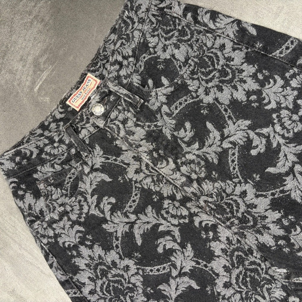 Guess Jeans Pants Womens 26 Black Damask Floral High Tapered 90s Vintage USA
